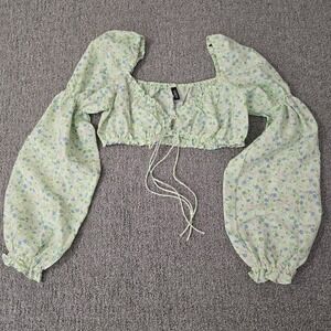 Floral Puff Sleeve Boho Crop Front Tie Fairy Long Sleeve Whimsy Ren Faire Sz XS